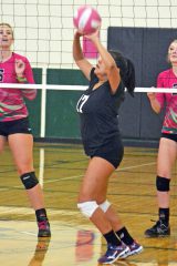 Ignacio’s Shoshone Thompson (17) sets during SJBL road action at Ridgway late in the 2017 season.  Thompson and RHS’ Hunter Gentry (5) were named First Team All-League; Jessi Miller (2) received Honorable Mention All-League.