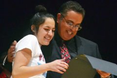 Ignacio sophomore Makayla Howell, left, looks over her IHS Volleyball Varsity MVP award with head coach, Thad Cano, at the team’s end-of-year banquet, Wednesday, Nov. 29.