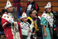 Miss Southern Ute Loraine Watts, Little Miss Southern Ute Myla GoodTracks, Southern Ute Brave Dominick GoodTracks and Junior Miss Southern Ute Autumn Sage, dance in the first Grand Entry of the Northern Ute Thanksgiving Powwow on Thursday, Nov. 23.