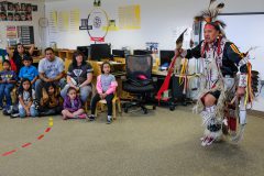 BGC Chief Professional Officer, Bruce LeClaire gave an energetic and informative cultural presentation to Southern Ute Montessori Indian Academy (SUIMA) students on Friday, Dec. 1. LeClaire who is a veteran and Traditional style dancer, hails from the Rosebud Sioux Tribe of South Dakota and has been actively dancing for most of his life. The presentation included storytelling, and an explanation of regalia, accompanied by music and dance.