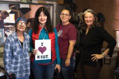 Joy Harjo stands together with Southern Ute tribal elder, Ula Gregory and KSUT directors, Sheila Nanaeto and Tami Graham following a live performance at the KSUT studios on Wednesday, Feb. 14. 