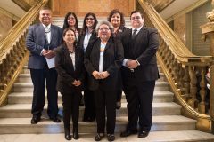 Ute Mountain Ute and Southern Ute leadership stand together on the steps of the Colorado State Capitol, following a brief meeting with Governor John Hickenlooper. 
