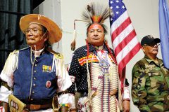The Southern Ute Veterans Association helped bring in the flags for the 44th annual Denver March Powwow, (l-r) Austin Box, Bruce LeClaire, and Rudly Weaver. The Powwow honors men and women who served in the armed forces. Held annually at the Denver Coliseum, this is Colorado’s largest powwow, drawing dancers from across Indian Country for the three day event. 