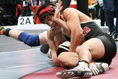 Ignacio junior, 152-pounder, Dustin Sanchez attempts to pin Stratton senior, Dayne Hines during the weight’s fifth-place match, Feb. 17 at the CHSAA Class 2A State Championships in Denver. Unfortunately, a fall was not signaled, and Sanchez finished the season in sixth place.