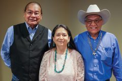 Chairmen representing the three Ute tribes: Luke Duncan, Christine Sage and Herold Cuthair, stand together in solidarity following the Tri-Ute meeting in Denver. The meeting was hosted by the Uintah & Ouray Ute Indian Tribe at History Colorado, Friday, March 23.