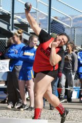 Ignacio sophomore Aliyana White powers into her winning 35-foot, 11.5-inch throw of the shot during the recent Pine River Invitational, Saturday, April 14 inside Bayfield’s Wolverine Country Stadium. Though she didn’t compete in the Aztec, N.M. meet, she still placed there in the discus.