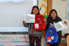 Southern Ute Montessori Academy students, Terena Hight and Jaela Velasco are the winners of the Osprey Naming Contest. Hight and Velasco were presented with Osprey backpacks for winning the contest on Tuesday, April 24. 