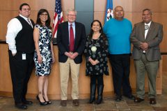 Southern Ute Tribal Council members: Adam Red, Lorelei Cloud, Chairman Sage, Alex Cloud and Cedric Chavez pose together with Scott McElroy after a retirement party that was held to thank the outgoing attorney, Wednesday, April 4. 