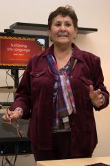 Southern Ute elder Lynda Grove-D’Wolf presented her “Sustaining Ute Language” PowerPoint at the Southern Ute Education building, Thursday, March 5 as a practice run for a presentation she will be giving in Scottsdale, Ariz. to obtain her Doctor of Philosophy (Ph.D.) in Ute Language. 

