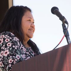 Southern Ute Vice Chairman, Cheryl Frost takes to the podium to say a few words on behalf of the Tribe, during the dedication ceremony. 