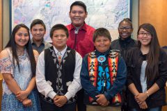 The new Sunshine Cloud Smith Youth Advisory Council was sworn in Monday, April 30, in Southern Ute Tribal Council Chambers. The new members include (back row L-R) Jace Carmenoros, Elijah Weaver, Lexy Young, (front row L-R) Jazmin Carmenoros, Nate Hendren, Elliot Hendren and Sarafina Chackee. 