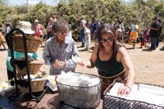 Volunteers take a moment of their own time to assist elders with food plates during the Bear Dance feast, Monday, May 27. Ernestine Maez navigates the serving line, helping fill plates with corn and stew. 