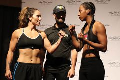 Joselyne Edwards and Brenda Gonzalez face off after weigh-ins for the 135 pound King of the Champ Women’s Fly Weight Title Bout at the Sky Ute Casino Resort Events Center Saturday, Sept. 1. 