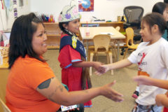 Little Miss Ute Mountain Ute, Riley Lang, who is nine-years-old, and a third grader at Ignacio Elementary School came to present to the Southern Ute Indian Montessori Academy students for Friday Culture Day, Sept. 21.

Little Miss Ute Mountain Ute, Riley Lang, performed a dance for the Southern Ute Indian Montessori Academy students.