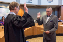 Angelo Valdez is sworn in to the election board on Friday, Sept. 28 in the Tribal Council Chambers. 