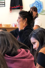 Special guest artist and poet, Esther Belin the Culture Class at the Southern Ute Academy on Friday, October 19, 2018. Belin joined the class in circle time, introducing herself in the Navajo language, giving a brief history of the Navajo clan system and the meaning of her particular clans.