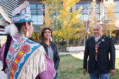 Southern Ute Councilwoman Lorelei Cloud and Cultural Preservation Director Edward Box III congratulate and thank Miss Indian World, Taylor Susan for the presentation of that she shared with everyone at the Southern Ute Museum on Saturday, Oct. 27. 