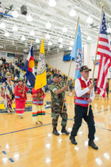 Southern Ute and Ute Mountain Ute veterans bring in the American, Southern Ute, Ute Mountain Ute and Colorado flags with Ute Warrior Leland Collins Jr. to open the night of the Nike N7 men’s basketball game at Fort Lewis College in Durango, Colo. on Wednesday, Nov. 14.