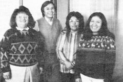30 years ago, Vocational Rehabilitation with their visitor, Sam Minkler (in the middle) of the Native American Research and Training Project in Flagstaff, Arizona. L-R, Cideazhah Pinnecoose, Glenda Price and Caren Trujillo.

