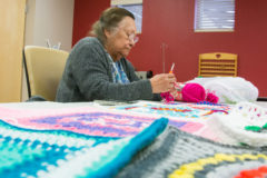 Southern Ute elder, Judy Lansing joins volunteer crochet teacher, Kathi Gurule at the Multi-Purpose Facility Crochet Class on Wednesday, Feb. 20. For the past two years, Gurule has helped teach classes at the Multi-Purpose Facility. 