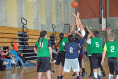 Nuggets, Jania Jackson goes up hard for the shot against the Celtics players in youth basketball action, Saturday, Feb. 23 on the SunUte court. The SunUte Youth Basketball League concludes its 2019 regular season next weekend, Saturday, March 2 with the league tournament to be played Saturday, March 9 at SunUte.