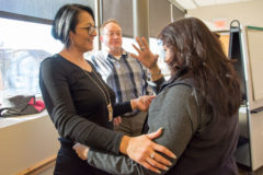 Small Business Specialist Apprentice, Loretta Velasquez greets and thanks Southern Ute tribal member, Lynette Sage for showing up to the informational meeting on Entrepreneurship and Economic Development on Tuesday, March 19. 
