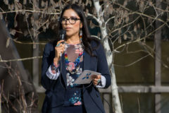 Acting Social Services Division Director, Angelina Whitehorse welcomes the families, tribal staff and visitors to the “Child Abuse Awareness Kick-Off Event” on Friday, April 5 in the courtyard of the Southern Ute Museum. 