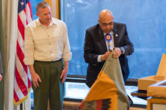 Southern Ute Councilman Bruce Valdez honors Red Cedar Gathering PSM Coordinator, Tim Connor with a Pendleton blanket and certificate on Wednesday, April 3 at the Growth Fund Safety Banquet that was hosted at the DoubleTree Hotel in Durango, Colo. 