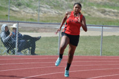 Ignacio freshman Lexy Young gains speed on the track between its second and third turns during the 200-meter dash Saturday, April 6, at IHS’ Abel Velasquez Invitational; Young won the event.
