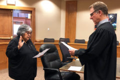 Former Chairwoman and Chief Judge, Pearl E. Casias is sworn-in to serve on the Ethics Commission, Wednesday, May 8 in the Southern Ute Tribal Court by Judge Paul Whistler.