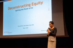 Dr. Nita Mosby introduces herself at the Ignacio High School Auditorium; she is the founder and principal trainer of Deconstructing Equity: exploring the world of diversity, equity and inclusion. She was brought to Ignacio by San Juan Basin Public Health Department to speak at the High School, Wednesday, May 1.