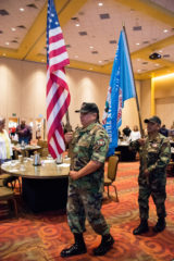 Bruce LeClaire and Rudley Weaver, members of the Southern Ute Veterans Association bring in the flags at the Southern Ute General Meeting held at the Sky Ute Casino Event Center on Wednesday, May 15. 