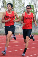 Ignacio’s Elco Garcia, Jr., and Jonas Nanaeto run side-by-side the 1,600-meter run during the San Juan Relays, hosted by IHS Tuesday, April 30.  The duo placed 1-2, finishing the race less than a second apart.  Both maintained high levels of long-distance performance at meets before and after in, respectively, Aztec, N.M., and Bloomfield, N.M.
