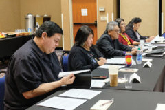 Southern Ute Tribal Council and Ute Mountain Ute Tribal Council attentively listen to presentations given at the Tri-Ute Meeting held in Towaoc, Colo on May 20 at the Ute Mountain Ute Casino.