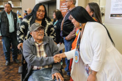 Ute Mountain Ute tribal elder, Thomas House thanks Tara Vigil, the Cultural Preservation Events Coordinator at the Ute Nations Day Celebration. 