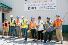 Concluding the groundbreaking ceremony for the new Eddie Box Jr. Media Center, KSUT staff and board members, Tribal Council and Jaynes Construction rock out with the golden shovels on Monday, July 29. Construction began with fences being erected on July 29 and a move-in date of February, 2020 has been set