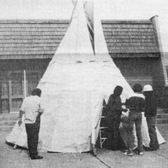 40 Years Ago: Dallas Brown, Rusty Box, Tim Jefferson and Russel Box Sr. setting up a Tee Pee at the La Plata County Fairgrounds during the La Plata County Fair held in Durango. Sunshine Cloud’s grandchildren, Russell Box Sr. family and Jim Jefferson family participated in the fair by Indian dancing in from of the Tee Pee. 
This photo first appeared in the Aug. 31, 1979, edition of The Southern Ute Drum.