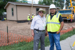 Ignacio School District Superintendent, Rocco Fuschetto and Eagle Feather Construction owner, Adam Tucson stand together for a photo in front of the new staff housing. The houses were delivered and placed on the foundations, Wednesday, August 14. The housing will be available to Ignacio School District staff in September. 