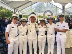 Southern Ute veteran Raymond Baker, U.S. Navy retired (center) with Navy Cadets, serving as ushers for the Smithsonian reception, Saturday, Sept. 21. 