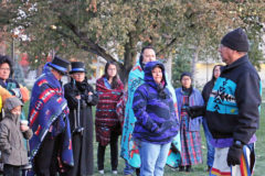 Hanley Frost, Southern Ute Education Coordinator, greets everyone at the sunrise blessing of the newly named Tava Quad on Colorado College campus, Saturday, Oct. 12.