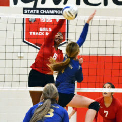 Ignacio sophomore Lexy Young (6) smashes a kill over Nucla’s Keelee Redd (4) Saturday, Oct. 5, inside IHS Gymnasium. Young’s recent return from an early-season injury gives the Volleycats yet another attacking option.