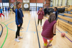 Fort Lewis College girls soccer player gives Aubrey Lucero and Nailah Simon some pointers at the SunUte Soccer Night meet and greet on Thursday, Oct. 24 at the SunUte Community Center.