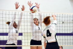 Ignacio senior Makayla Howell (7) and sophomore Lexy Young (8) put up a block against 2A Sanford’s Abbey Sittler (4) during Day 2 play at the November 1-2 Rye Invitational.