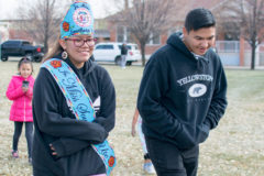 Jr. Miss Southern Ute, Autumn Sage walks alongside Sunshine Cloud Smith Youth Advisory Councilman, Jace Carmenoros during the Royalty Walk on Saturday, Nov. 16. The walking course started at the Veterans Park, going down the Bear Trail and ending at the SunUte Community Center. The annual community walk is intended to get everyone outside and active ahead of the Tribe’s Thanksgiving dinner program.