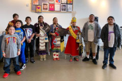 The Eagle Wing Singers, led by Afrem Wall were invited to participate in a presentation at the Montezuma-Cortez High School for Native American History Month, Thursday, Nov. 21. Pictured are members of the Eagle Wing Drum Group, Osias Goodtracks, Sinaav Larry, Phoenix Traver, Angelo Frost, Kenneth Hayes and Arturo Badback, with dancers from Towaoc, Colo., Toni Arrates, Marylyn House and Miss Ute Mountain Ute Pachichin Collins.