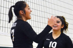 Ignacio senior Makayla Howell (7) celebrates a point at Ridgway with freshman Grace Gonzales (10) during the 2019 season.  Praised for such leadership, Howell was named First Team All-League and was also on the Colorado Coaches of Girls’ Sports All-State Games voting ballot.