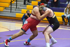 Ignacio heavyweight Randy Herrera, left, attempts to use his size as resistance against Bayfield’s John Foutz (up a weight from his regular 220 pounds) during the Jan. 4, 2020, ‘Riverside Rumble’ – formerly known as the La Plata County Duals; hosted this season by BHS.