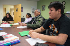 Sunshine Cloud Smith Youth Advisory Council members Elijah Weaver, Lexy Young and Jazmin Carmenoros share ideas about the agenda and answer questions from Southern Ute Tribal Councilman Cedric Chavez about the election during the regular business meeting, Wednesday, Jan. 8 at Southern Ute Education. 