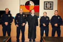 The Southern Ute Police Department (SUPD) recently swore in three new patrol officers: Keleka Alualu, Khaera Chee and Adrian Wauneka. Alualu previously worked as a patrol officer for the Jicarilla Apache Nation. Chee was most recently a Detective for Gallup, N.M. Police Department. Wauneka comes to SUPD from the Navajo Nation Police Department. pictured, l-r, Keleka Alualu, Chief Coriz, Judge Whistler, Khaera Chee and Adrian Wauneka.