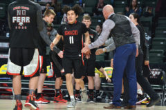 Inclusion in the Bobcat boys’ starting lineup seemed a hair-raising experience for hungry junior Triston Thompson (11) prior to IHS’ Class 2A State Championships ‘Great Eight’ game versus Ault Highland inside the Budweiser Events Center in Loveland, Colo. Thursday, March 12.